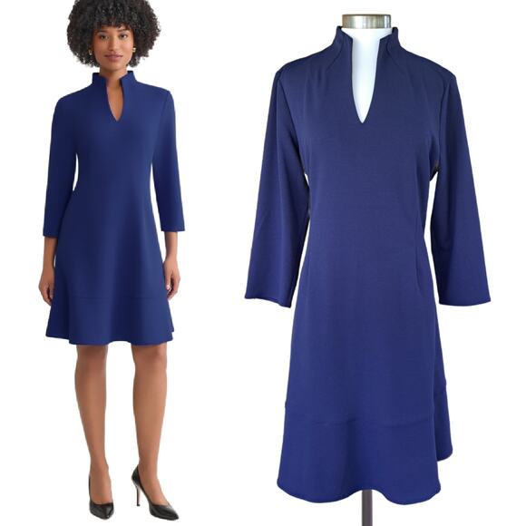 Ming Wang Dresses & Skirts - MING WANG Stretch Deco Crepe Funnel Neck Midi Dress Size Medium in Navy Blue